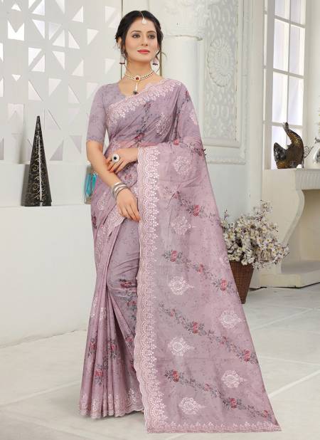 Lavender Colour Latest Fancy Party Wear Orgenza Digital Print With Embroidered Saree Collection 1083